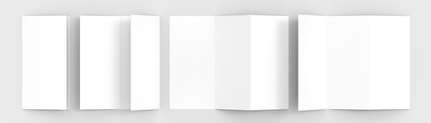 A4. Blank trifold paper brochure mock-up on soft gray background with soft shadows and highlights. 3D illustrating.