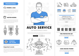 Auto service contour line composition. Technology operations. Diagnostics machine centre. Mechanic worker on station. Awesome big set thin style. Automobile pictogram and icons elements for web.