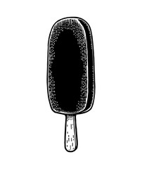 Ice cream on wood stick. Vector vintage black engraving