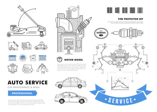 Auto service contour line composition. Technology operations. Diagnostics machine centre. Mechanic worker on station. Awesome big set thin style. Automobile pictogram and icons elements for web.
