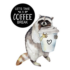Racoon with coffee mug and stylish slogan, animal character isolated on white background watercolor illustration.