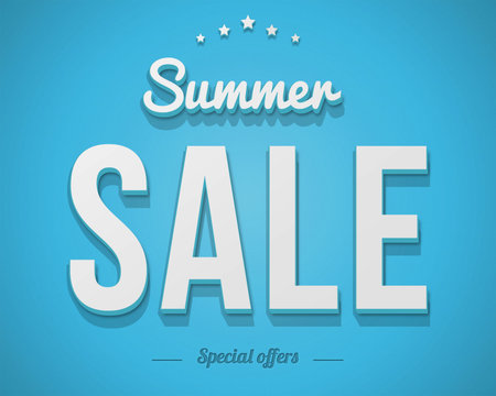 vintage style summer sale label on blue background with stars and special offers