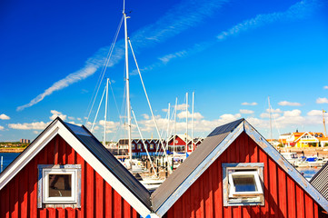 Fishing lodges on the beach in sunny weather