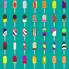 Ice cream collection for your design. Big set of ice lollies with different toppings. Vector  design for wallpaper, wrapping, fabric, background, apparel, prints, banners 