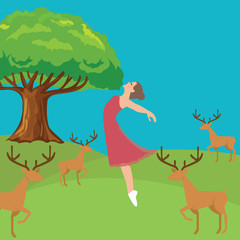 Obraz na płótnie Canvas woman girl fresh jumping freedom in forest fresh air wild life deer