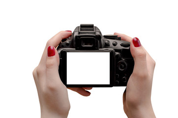Female hands holding camera, isolated on white background