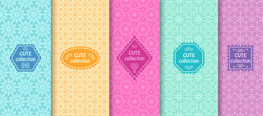 Set of cute bright seamless patterns with frames. Abstract geometric background. Vector illustration.
