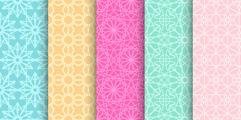 Set of cute bright seamless patterns. Abstract geometric background. Vector illustration.