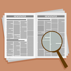 Open newspaper with loupe. Vector flat illustration.