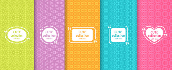 Set of cute bright seamless patterns with frames. Abstract geometric background