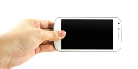 Hand holding white phone isolate on white background