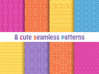 Set of cute bright seamless patterns. Abstract geometric background. Vector illustration.