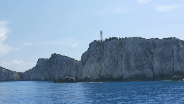 Beautiful lighthouse on a greek Ionian sea island.