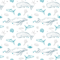Seamless pattern with whale, fish and sea shell.