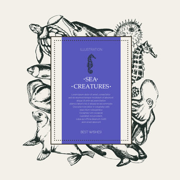 Sea Creatures - modern drawn square postcard template.