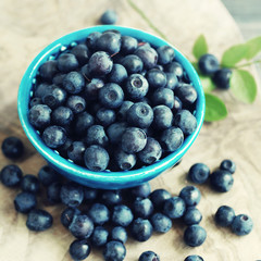 Berries of ripe juicy bilberry in a blue small bowl on a wooden table. Harvest of wild berries
