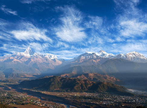 Himalayas mountain range - view from Sarangkot Hill in Pokhara, Nepal