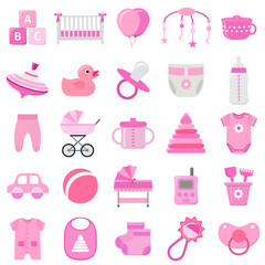 Baby girl icons set. Vector. Baby shower pink symbols isolated on white background. Collection template elements for newborn kids in flat design. Colorful illustration.