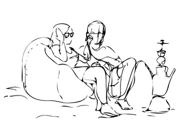 couple on the couch and hookah near