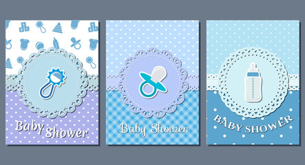 Baby shower cards. Set cute invitation for baby boy shower party lacy frames. Templates of die laser cutting. Vector blue illustration.