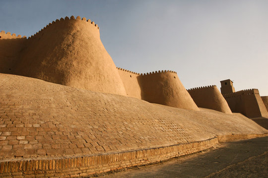 The watchtower of the Khuna Ark, the fortress and residence of the rulers of Khiva, in Uzbekistan. The Ark was built in the 12th Century.