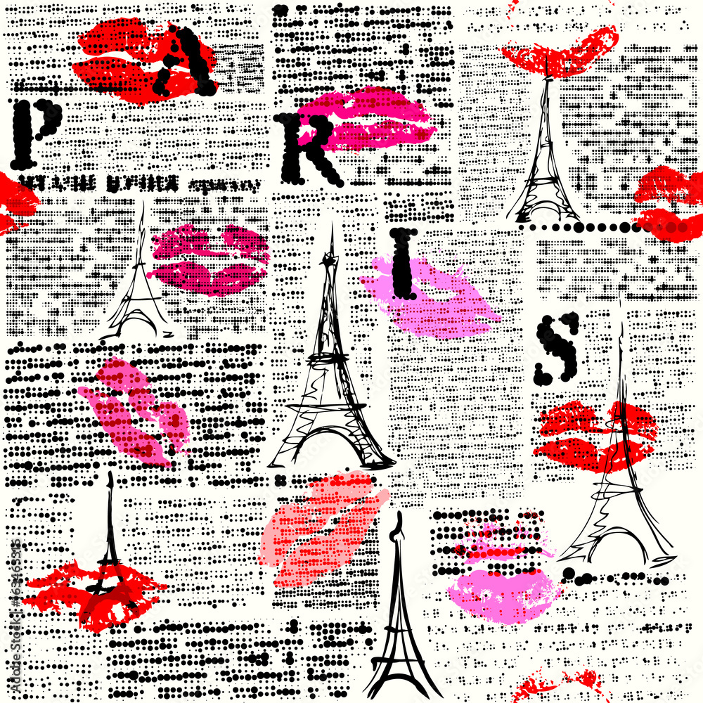 Poster seamless background pattern. imitation of a newspaper with halftone word of paris.