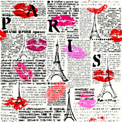 Seamless background pattern. Imitation of a newspaper with halftone word of Paris.