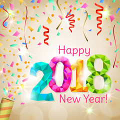Happy New Year 2018 greeting card. Festive illustration with colorful confetti, party popper and sparkles. Vector