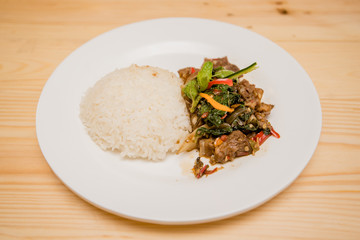 stir-fried meat and basil with rice, Thai food