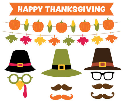 Thanksgiving party banners and pilgrim hats set