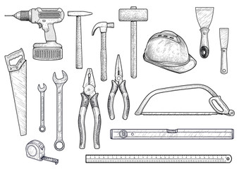 Collection, building, repair, tools illustration, drawing, engraving, line art, vector