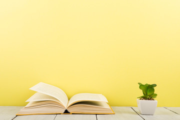 education and reading concept - open book on wooden table, color background