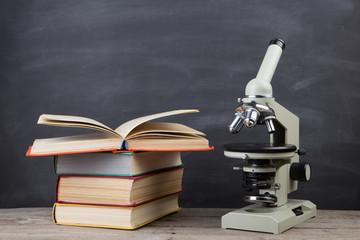 Education concept books on the desk in the auditorium