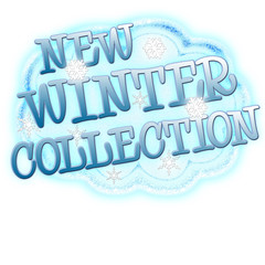 New Winter Collection, snow cloud with snow flakes and text, Isolated against a white background.