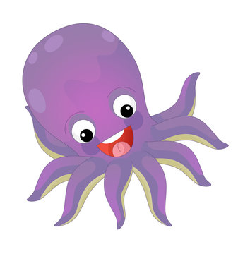 Cartoon happy and funny sea octopus swimming and looking - illustration for children