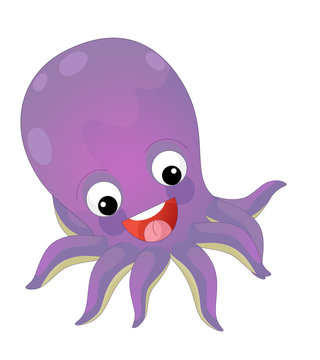 Cartoon happy and funny sea octopus swimming and looking - illustration for children