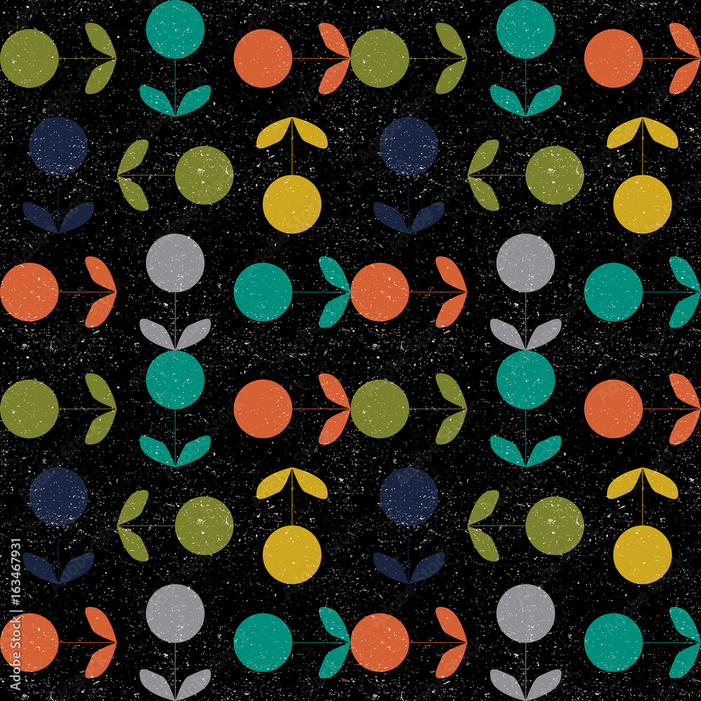 Poster Modern vector abstract seamless geometric pattern with stylized flowers and leaves in retro scandinavian style.