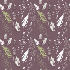 Floral vector seamless pattern with fern leaves, shepherd's purse plant and fireweed flowers.
