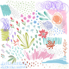 Naklejki  Zestaw tekstur wektorowych bazgrołów i doodle kwiatowy elementy.