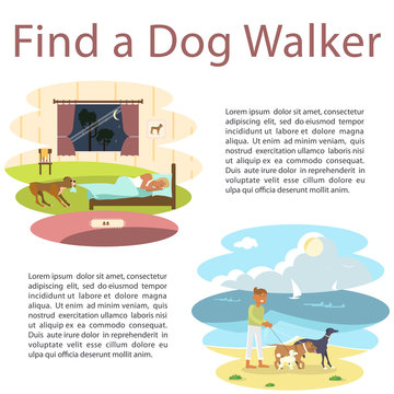 Puppy Pulling The Blanket For Calling The Owner For A Walk, Professional Dog Walker Exercising Dogs On The Sea Beach. Flat Cartoon Character Of Pet And His Owners. Colorful Vector Illustration Eps 10