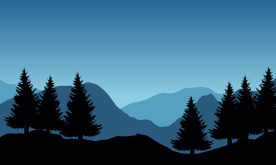 Panoramic vector illustration of mountain landscape with trees under blue sky and space for text