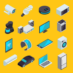 Internet of things modern set of isometric vector icons. IOT or smart home online synchronization and connection technology symbols. Wireless devices and appliances.