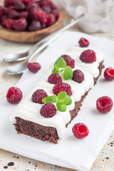 Homemade brownies with cream cheese frosting and raspberry