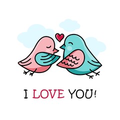 Love and Valentines day card with couple of lovely birds and heart vector background poster on white