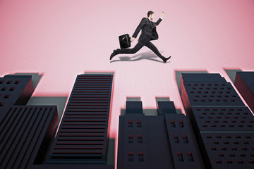 Man running in abstract city with shadows