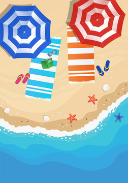 Beach from above, view with umbrella, beach towel, sunglasses and flip flop. Vector hand drawn illustration