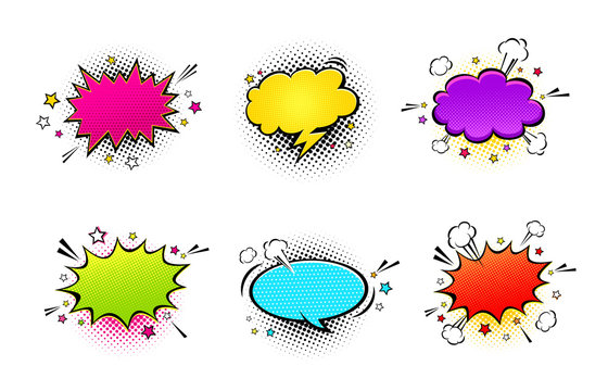 Comic empty speech bubbles with different colors on halftone dots background in retro pop art style. Vector set of dynamic cartoon funny dialog balloons sketch isolated on white background.