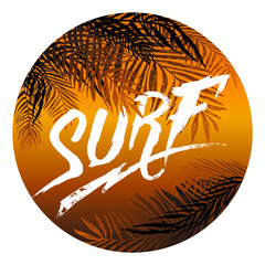 Poster with coconut palm branches and inscription surf in a Orange circle frame. Design elements. Vector illustration.