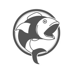 monochrome silhouette of circular shape emblem with open mouth fish vector illustration