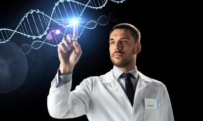 doctor or scientist in white coat with dna